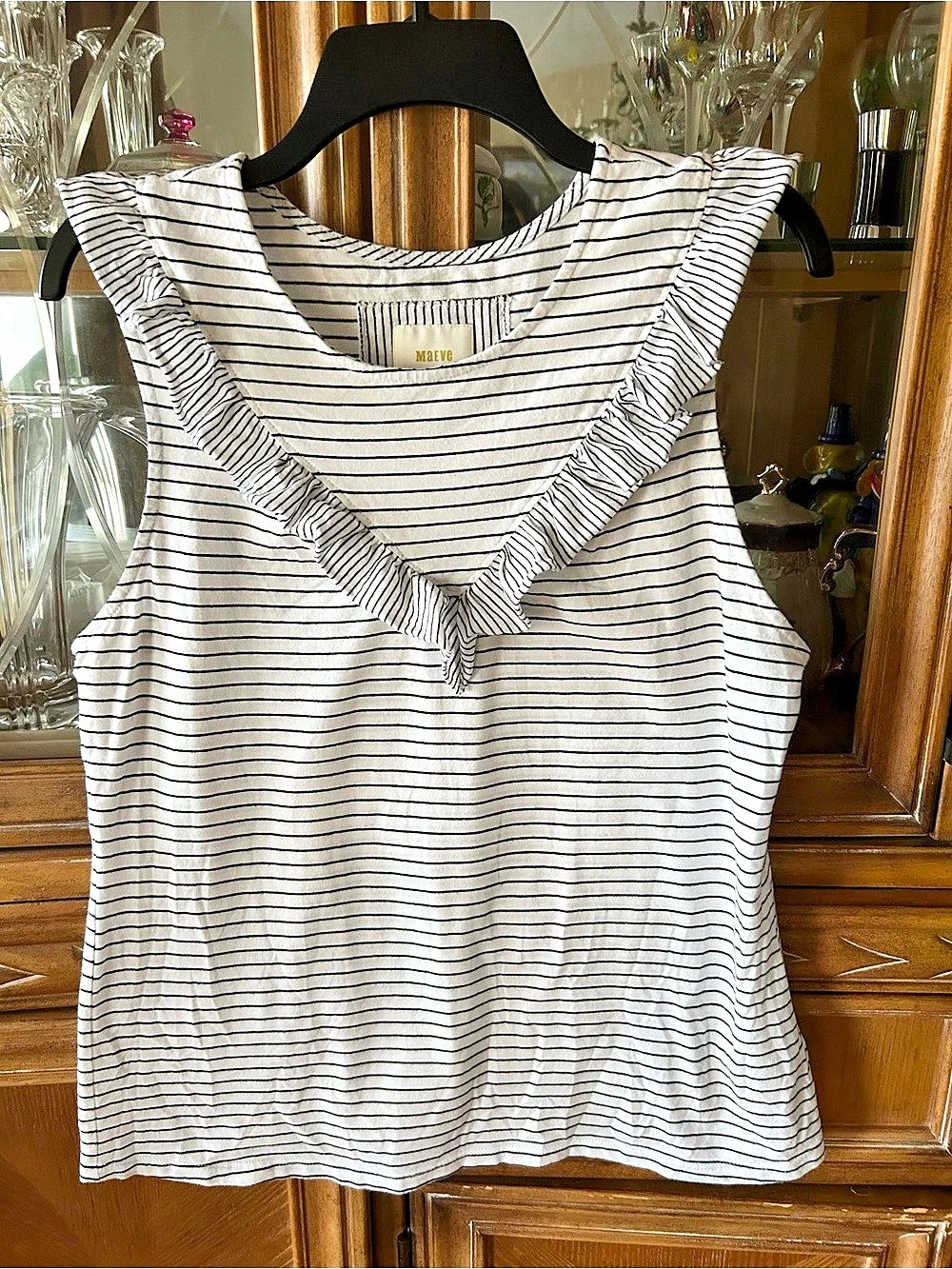 Maeve Striped Ruffle Tank Top in White & Black Like New